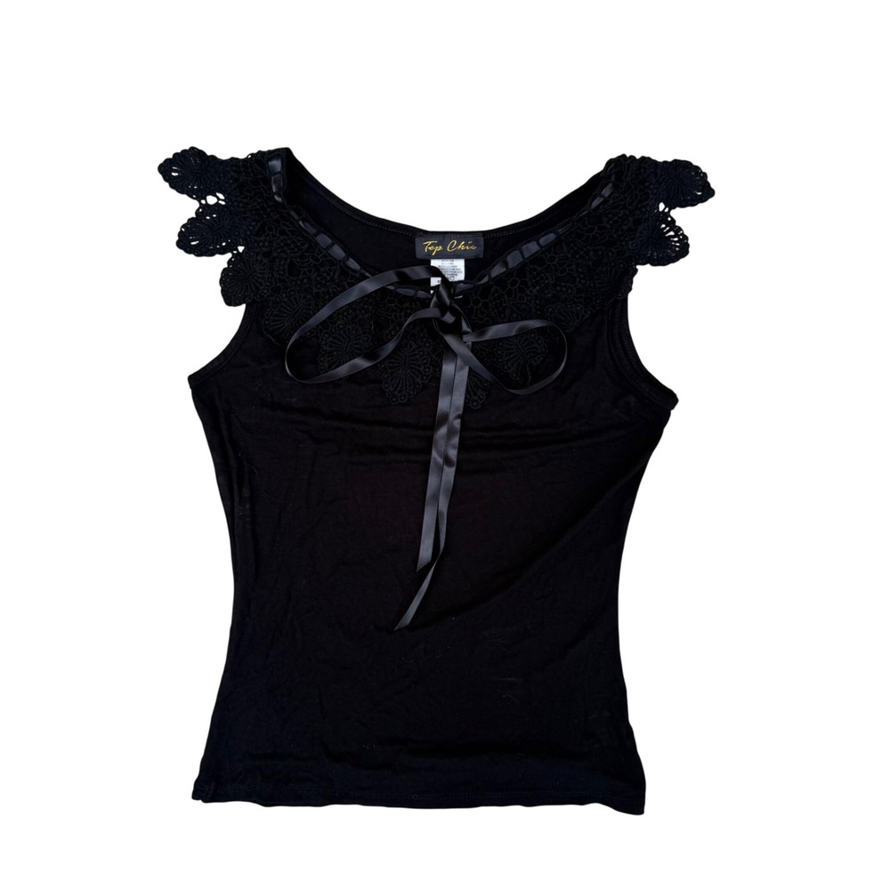 Top Chic Black Crochet Lace Ribbon Tie Top Butterfly Shoulder Sleeveless Med